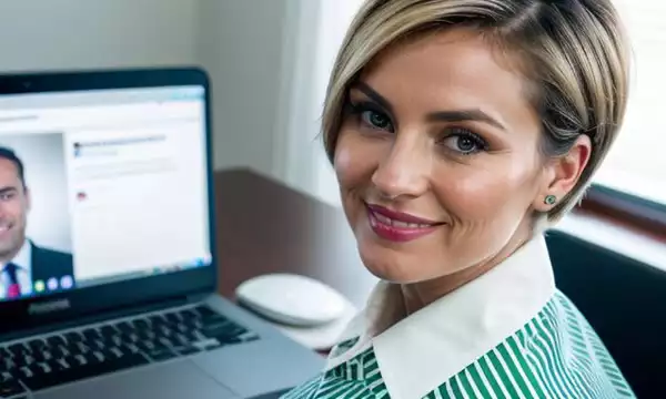 a 46 year old woman sits at a table looking at a laptop screen.